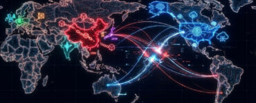 Digital world map showing the 2025 AI and blockchain patent race, highlighting China vs USA competition