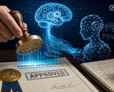 A conceptual featured image showing a USPTO stamp, a human brain icon for conception, and software code, answering can AI code be patented