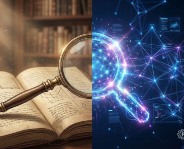 Concept art illustrating the fusion of traditional Boolean logic and modern vector AI for hybrid patent search in 2026