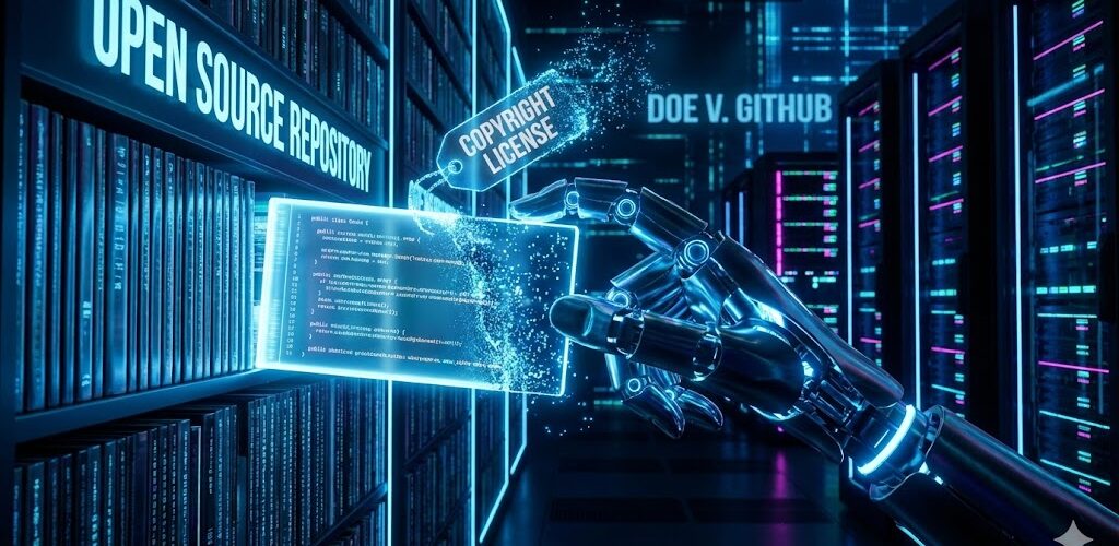 Doe v GitHub lawsuit concept art showing AI stripping open source license headers from code