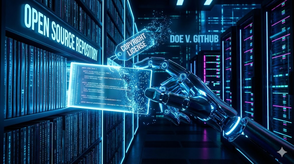 GitHub News (Jan 2026 Update): Doe v. GitHub Lawsuit & AI Copyright Rules 2 Doe v GitHub lawsuit concept art showing AI stripping open source license headers from code