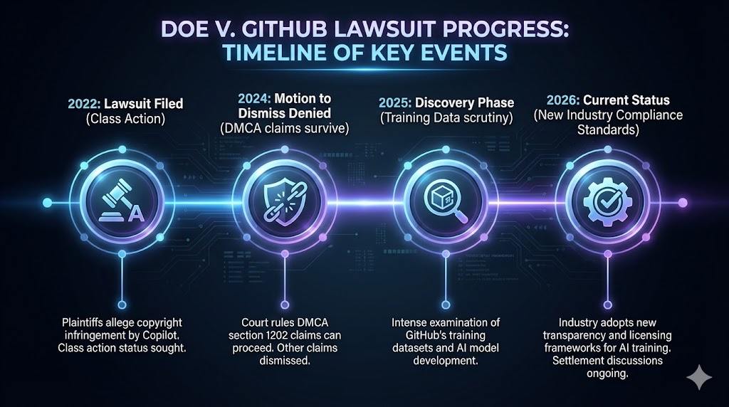 GitHub News (Jan 2026 Update): Doe v. GitHub Lawsuit & AI Copyright Rules 3 Doe v GitHub lawsuit timeline 2022 to 2026 showing DMCA and copyright litigation milestones