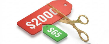Micro Entity Patent Cost reduction from $2000 to $400 illustrated by cutting a price tag with scissors