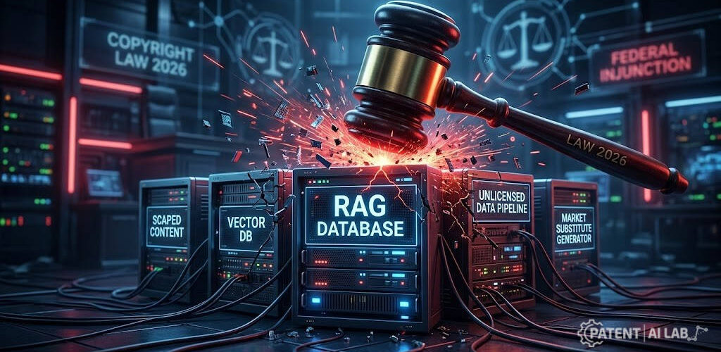 Perplexity Lawsuit 2026 : Conceptual illustration of a legal gavel striking a server representing the legal risks of building RAG apps for AI startups