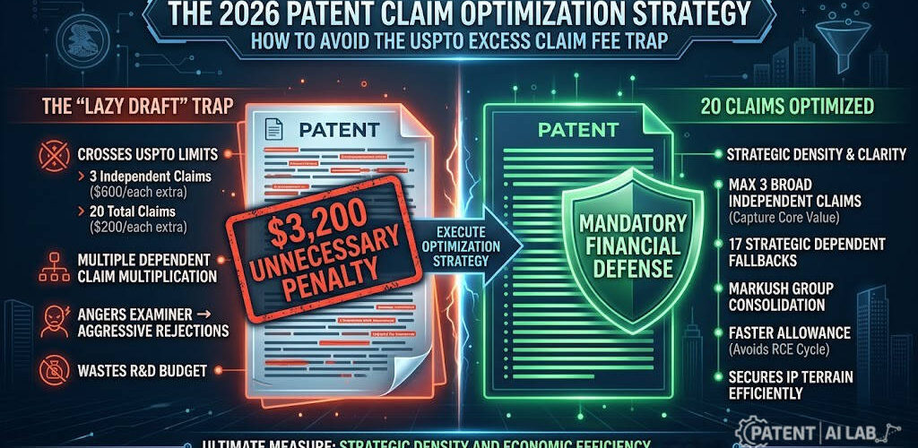 Conceptual graphic illustrating the $3,200 penalty for USPTO excess claim fees versus a 20-claim optimized patent strategy