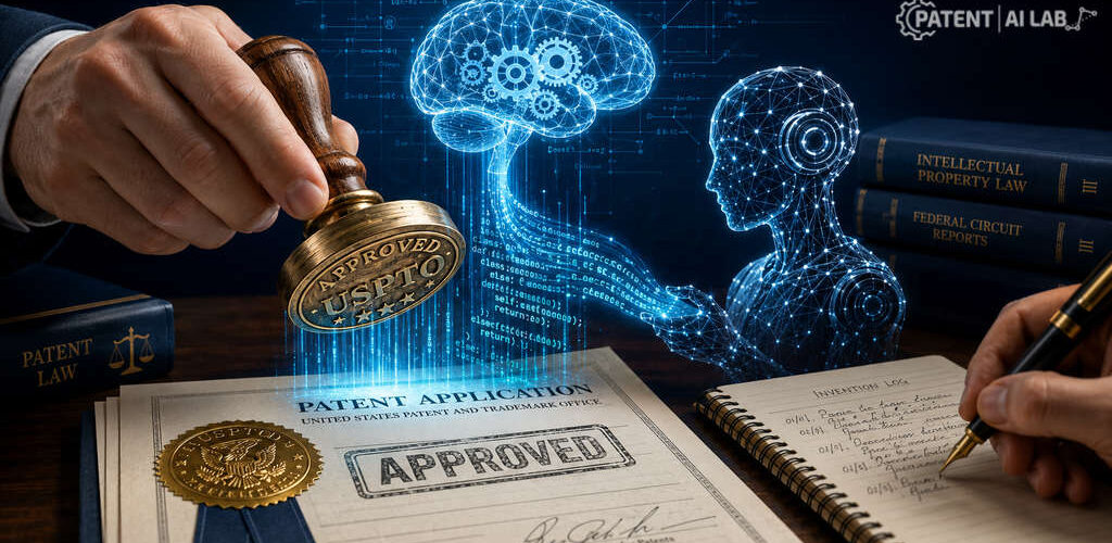 A conceptual featured image showing a USPTO stamp, a human brain icon for conception, and software code, answering can AI code be patented