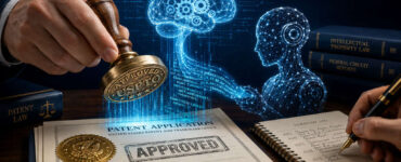 A conceptual featured image showing a USPTO stamp, a human brain icon for conception, and software code, answering can AI code be patented