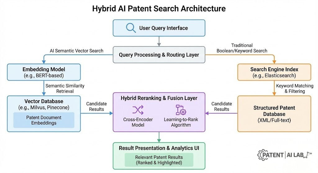Technical architecture diagram of Hybrid AI patent search combining vector embeddings and boolean logic filtering
