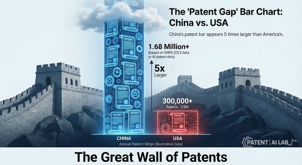 China vs US humanoid robot patent gap statistics 2026 - The Great Wall of Patents visualization showing 5x lead.