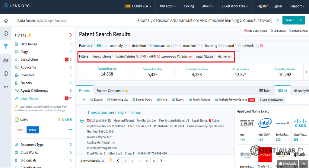 Applying Jurisdiction and Status filters in Lens.org patent search