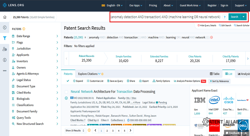 Lens.org structured patent search example for AI fraud detection