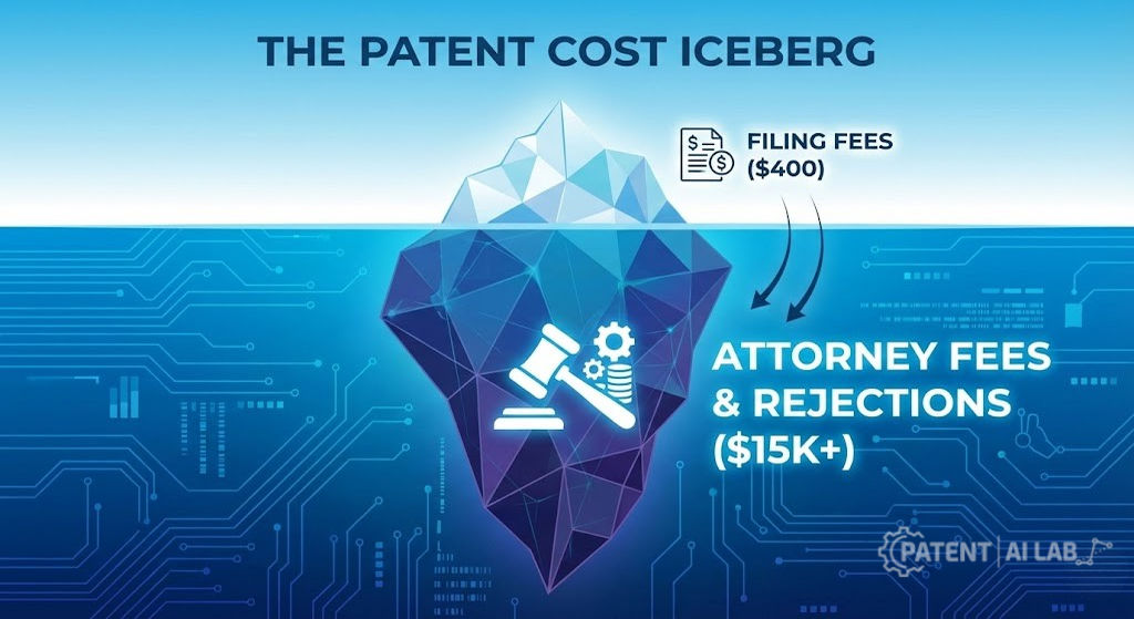 Data graphic showing the cost breakdown of a software patent separating initial filing fees from downstream attorney and rejection costs.