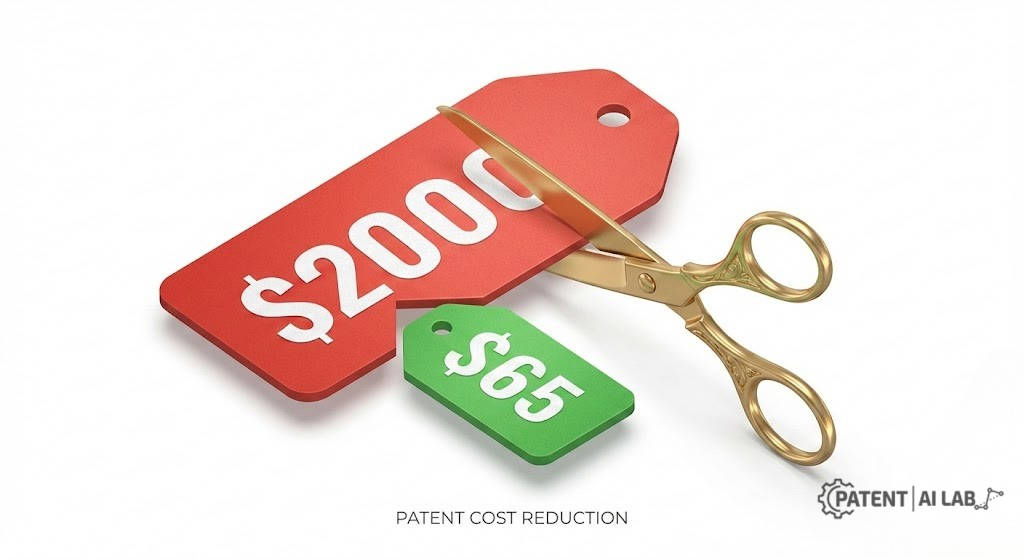 Micro Entity Patent Cost reduction from 00 to 0 illustrated by cutting a price tag with scissors