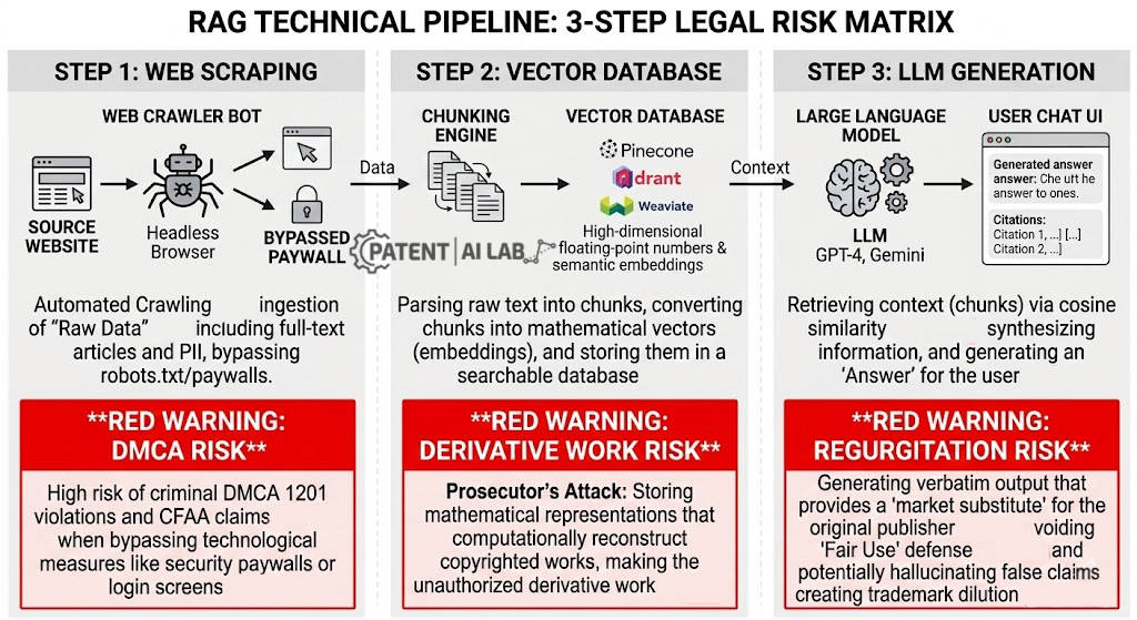 3-stage data pipeline diagram highlighting copyright legal traps in RAG scraping, vector indexing, and LLM generation