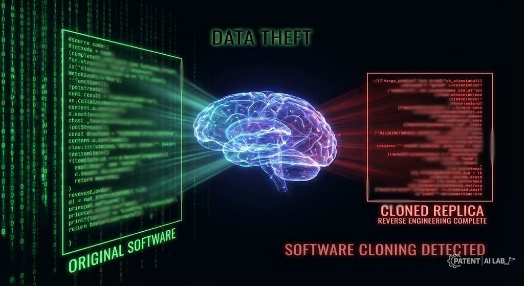 How to Legally Protect Your SaaS Source Code in 2026: Copyright, Patent, or Trade Secret? 3 Illustration of AI-assisted software cloning risk for SaaS founders via API reverse engineering