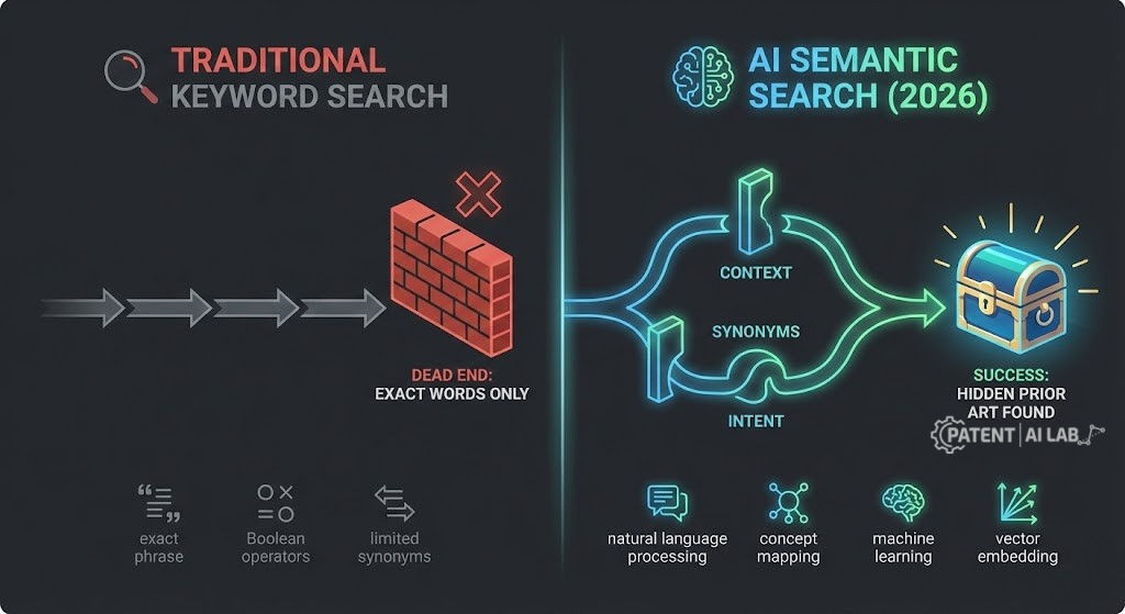 How to Find Prior Art Using AI: Step-by-Step Guide to Hidden Patents 3 Comparison infographic showing the failure of traditional keyword search versus the success of AI semantic search in finding hidden patent prior art