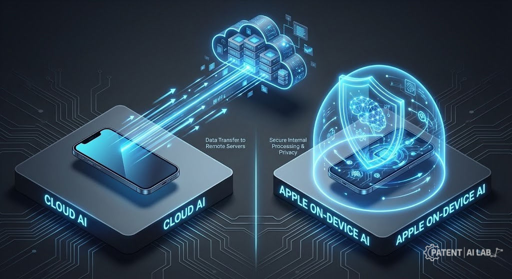 Apple On-Device AI Patents: A Technical Review of 5 Core iOS Architectures 3 Comparison infographic showing the privacy difference between cloud-based AI and Apple's secure on-device generative AI processing