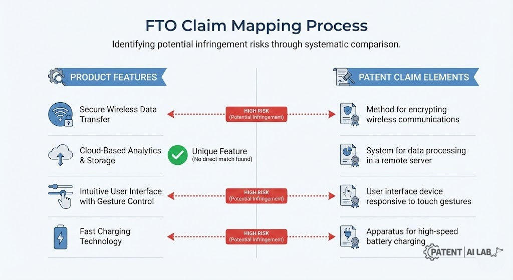 DIY Freedom to Operate (FTO) Search: The 2026 Founder's Guide 3 FTO claim mapping table example showing comparison between product features and active patent claims to assess infringement risk