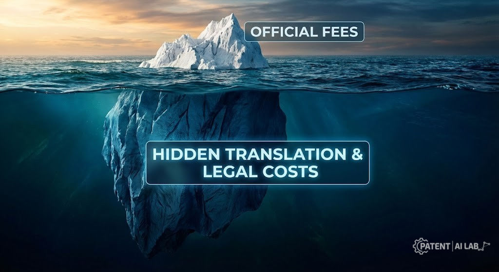 PCT Filing (2026): 5 Hidden Fees and How to Save $1,200 Instantly 2 Iceberg infographic showing the difference between official PCT filing fees and hidden international patent costs