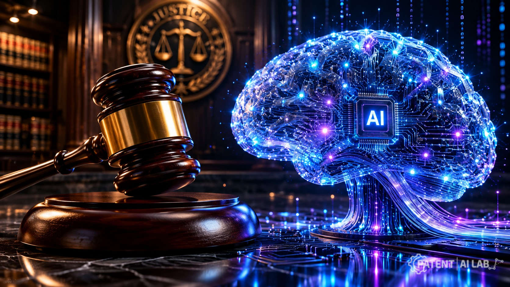 The Tesla vs Waymo Patent War: Who Actually Owns the Future of Self-Driving? 4 A judge's gavel beside a glowing digital brain icon