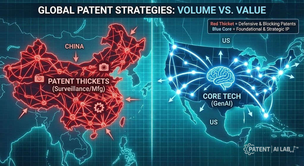 AI Patents by Country (2026): Inside the US vs China 60% Patent Trap 3 Map of global AI patent specialization by region