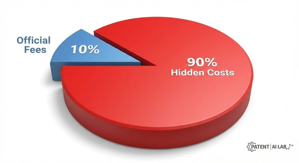 PCT Filing (2026): 5 Hidden Fees and How to Save $1,200 Instantly 4 Pie chart showing the breakdown of PCT patent filing costs : 10% official fees vs 90% hidden legal and translation expenses