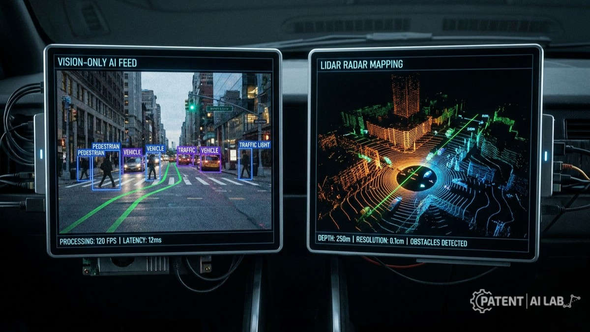 The Tesla vs Waymo Patent War: Who Actually Owns the Future of Self-Driving? 3 Split-screen comparison of a neural network camera view and a 3D point-cloud sensor display