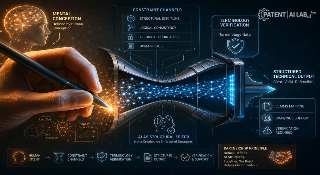 The 5 Best Patent Writing Software Tools for Solo Inventors (2026 Field Test) 3 Infographic showcasing human intent filtered through AI patent writing constraints