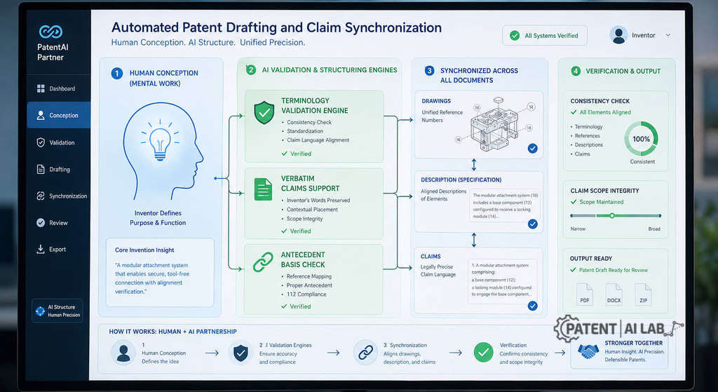 The 5 Best Patent Writing Software Tools for Solo Inventors (2026 Field Test) 2 Automated patent writing software dashboard demonstrating claim synchronization