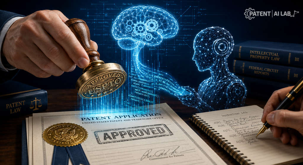 Can AI Code Be Patented? A 2026 Reality Check on New USPTO Rules 2 A conceptual featured image showing a USPTO stamp, a human brain icon for conception, and software code, answering can AI code be patented