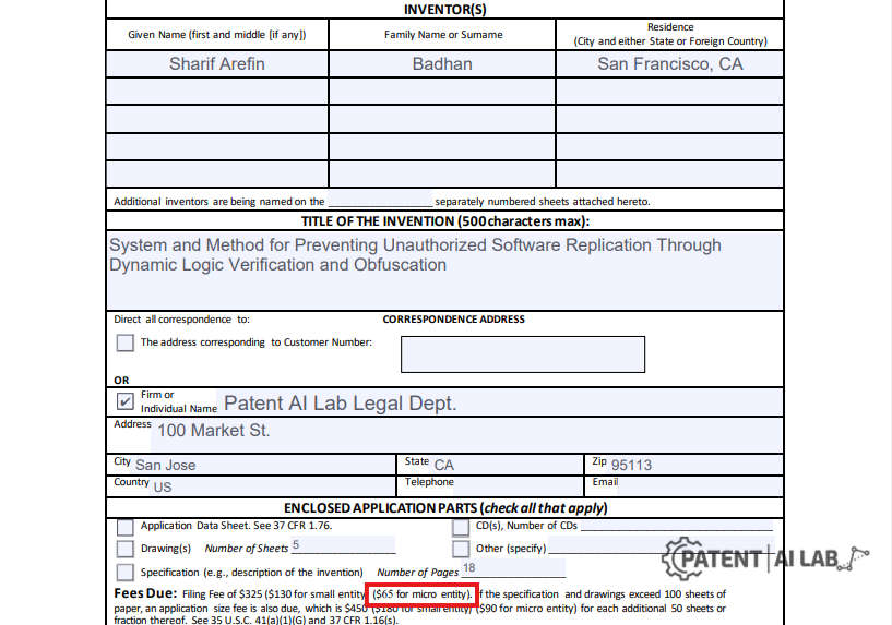 How to Legally Protect Your SaaS Source Code in 2026: Copyright, Patent, or Trade Secret? 5 Official USPTO provisional patent application form highlighting the micro entity fee to protect SaaS source code