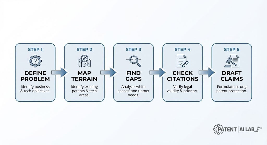 Best Patent Landscape Software for AI-Driven White Space Analysis 6 Five-step workflow diagram showing the sequence from defining a market slice through mapping terrain, spotting a quiet ridge, validating with citations, and drafting a hypothesis