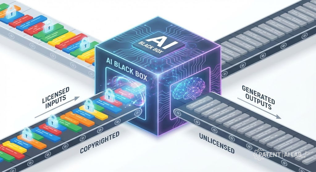 Doe v. GitHub Lawsuit Status (2026): Is Your AI-Assisted Code Safe? 4 Diagram of AI model training pipeline showing copyright management information being ingested from source files and absent from generated outputs