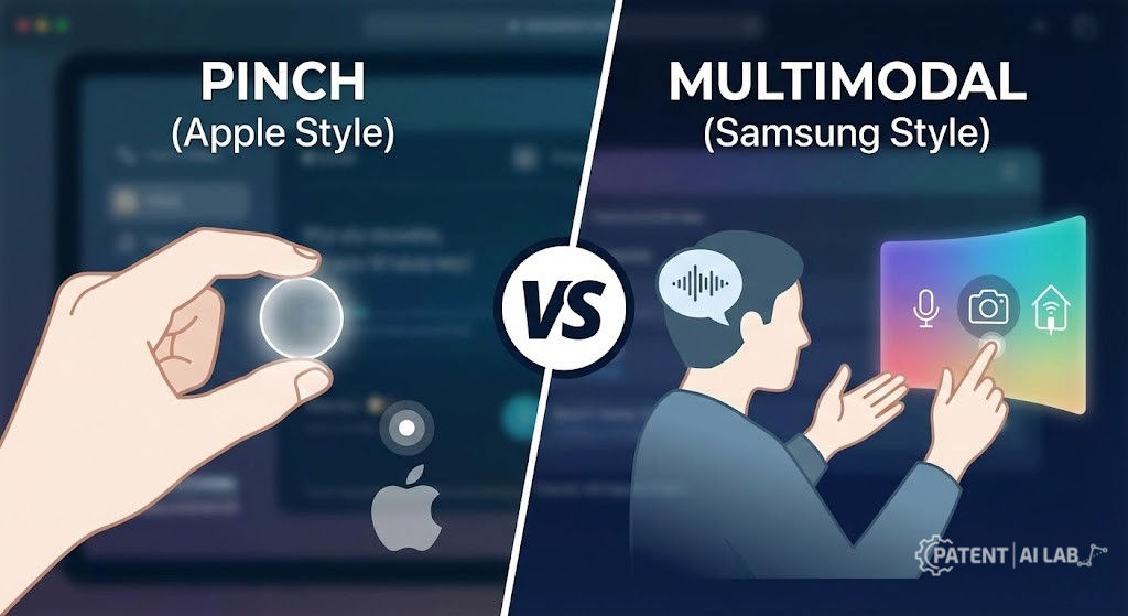 Apple Vision Pro vs Samsung XR Patents: The 2026 Spatial IP Stack 3 Side-by-side diagram comparing Apple Vision Pro gaze-and-pinch gesture input with Samsung XR multimodal voice and hand input interface