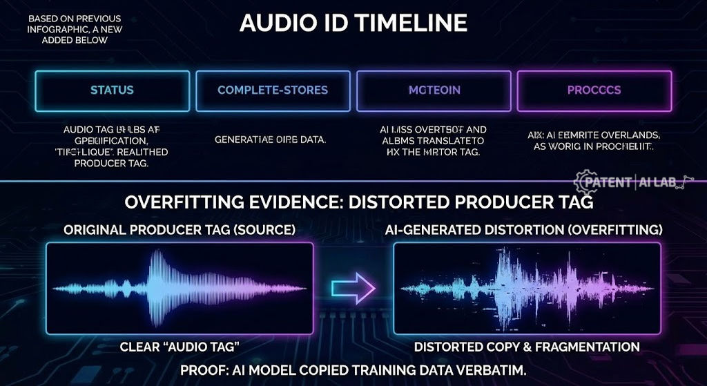 Suno AI Lawsuit Update (April 2026): Will the RIAA Shut It Down? 3 Audio waveform comparison showing AI model overfitting and memorization of producer tags vs original recording