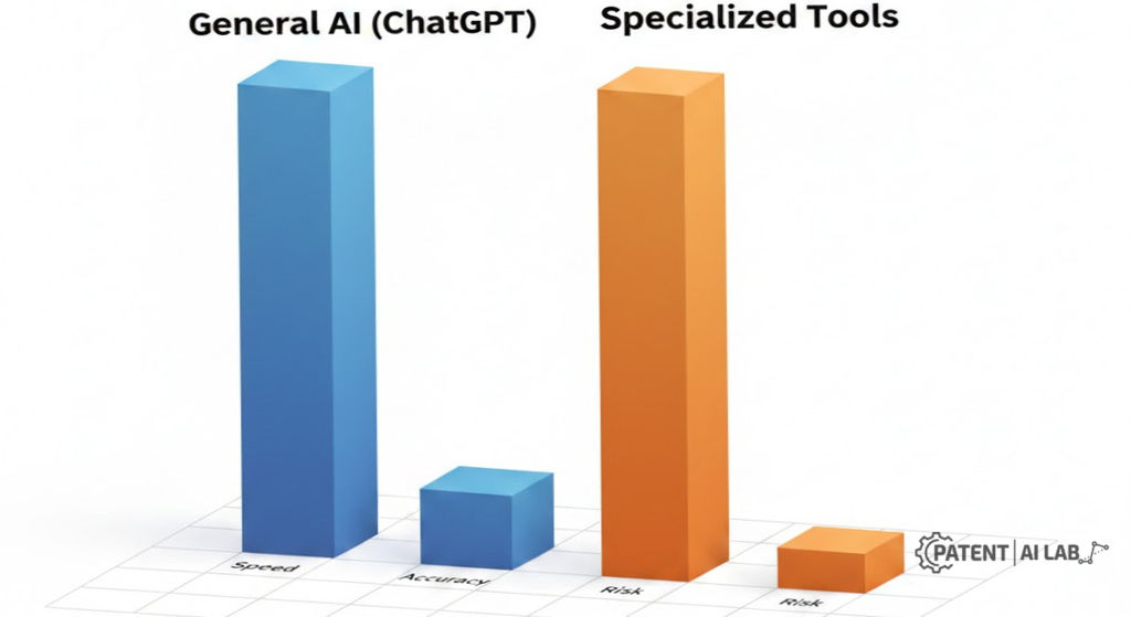AI Patent Drafting Software in 2026: ChatGPT vs. Specialized Tools 3 Bar chart comparing patent claim drafting speed on one axis against legal accuracy and USPTO compliance risk on the other, showing general AI tools score high on speed and specialized patent software score high on accuracy