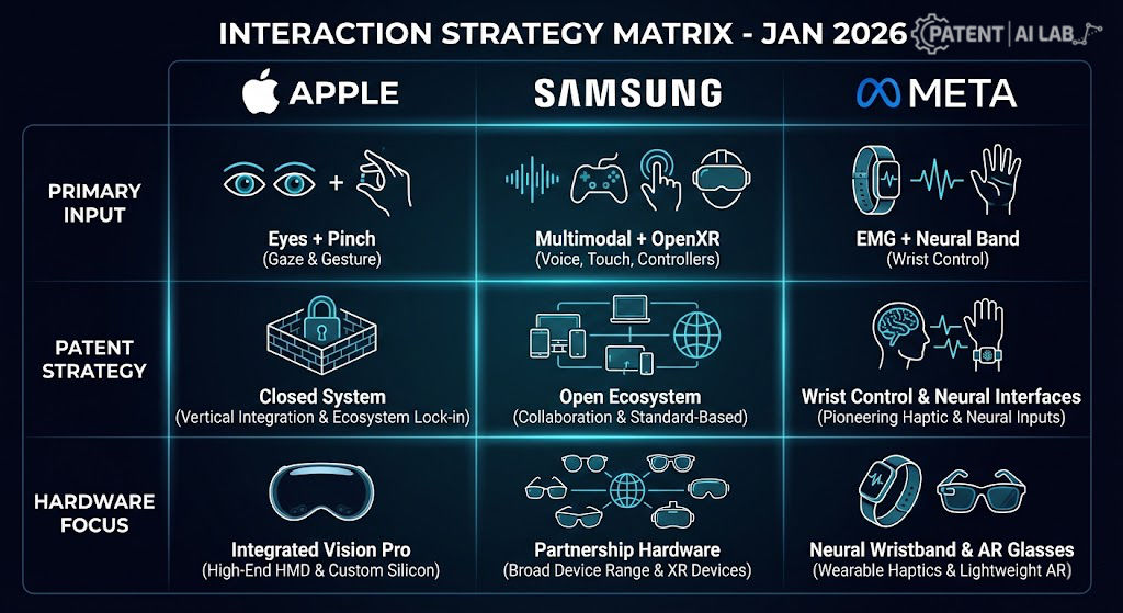 Apple Vision Pro vs Samsung XR Patents: The 2026 Spatial IP Stack 7 Comparison chart contrasting Apple Vision Pro gaze-pinch interaction strategy, Samsung XR multimodal voice-and-gesture approach, and Meta EMG wristband input paradigm