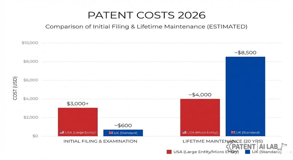 Software Patent Cost Breakdown (2026): Is the US or UK Cheaper for Startups? 4 Bar chart comparing the estimated initial filing and 20-year lifetime maintenance costs between USPTO and UKIPO for software startups.