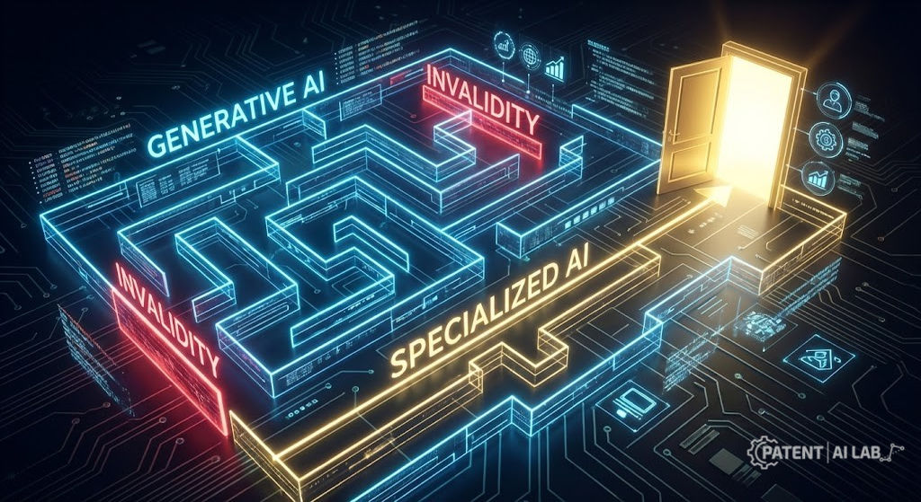The Section 112 Trap: Why ChatGPT Fails at Patent Drafting (And What AI Software Actually Works) 4 Side-by-side visual comparison of a general AI tool and a specialized patent drafting tool, illustrating differences in legal sufficiency and patent grant outcomes
