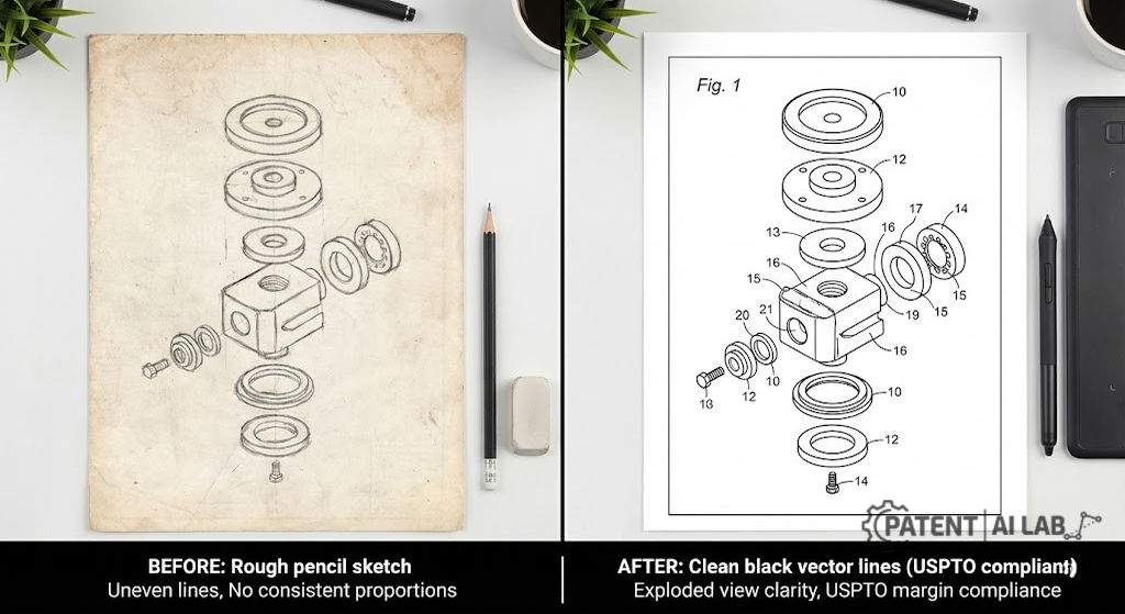 Software Patent Cost Breakdown (2026): Is the US or UK Cheaper for Startups? 3 Side by side comparison of a rough pencil patent sketch and a clean vector line AI generated drawing compliant with USPTO rules.