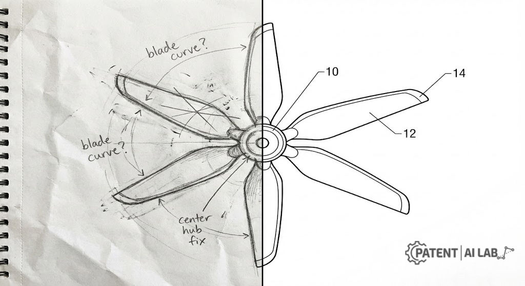 How to Generate USPTO Compliant Patent Drawings with AI (Without Rejections) 4 Comparison of rough hand sketch versus AI assisted vector patent illustration.