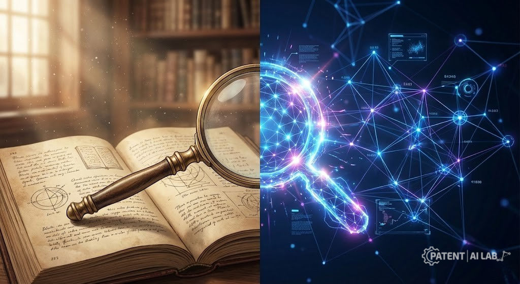 Vector vs Boolean Patent Search (2026): The 4-Step Hybrid Workflow 6 Concept art illustrating the fusion of traditional Boolean logic and modern vector AI for hybrid patent search in 2026