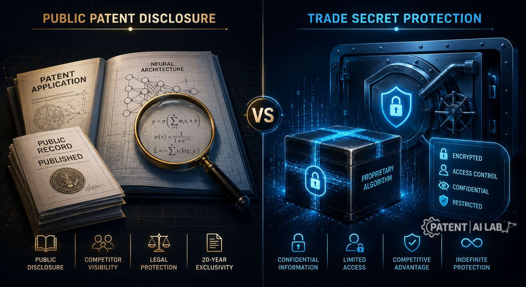 AI Model Weights: Why Trade Secrets Beat Patents to Stop Theft 2 An ai model weights trade secret infographic comparing public patent disclosure with trade secret protection protocols for software startups.