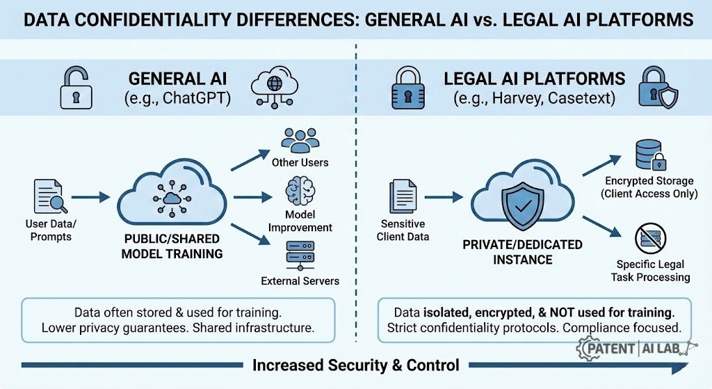 AI Patent Drafting Software in 2026: ChatGPT vs. Specialized Tools 4 Diagram contrasting data handling in general AI cloud platforms versus specialized legal technology platforms, showing privilege risk and audit trail differences