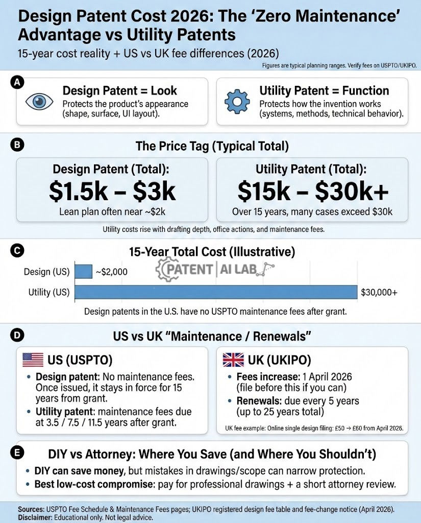 Design Patent Cost 2026: The "Zero Maintenance" Advantage Over Utility Patents 3 Infographic comparing Design Patent Cost 2026 vs Utility Patent: 15-year lifecycle cost, zero maintenance benefits, and UKIPO fee changes.