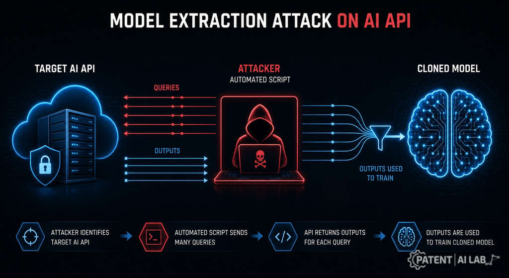 AI Model Weights: Why Trade Secrets Beat Patents to Stop Theft 3 Step-by-step diagram showing an attacker sending thousands of crafted queries to a public AI API, recording outputs, and using collected input-output pairs to train a cloned student model on private servers