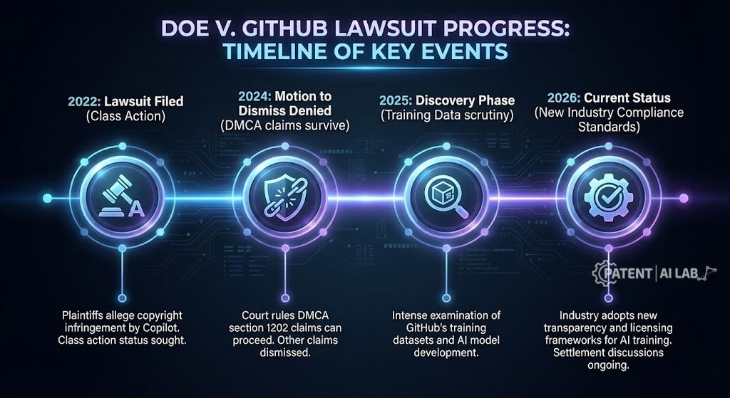 Doe v. GitHub Lawsuit Status (2026): Is Your AI-Assisted Code Safe? 3 Timeline graphic showing Doe v. GitHub litigation milestones from November 2022 filing through the February 2026 Ninth Circuit oral arguments