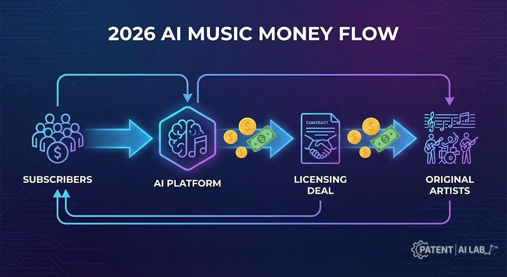 Suno AI Lawsuit Update (April 2026): Will the RIAA Shut It Down? 4 Flowchart illustrating the new licensed AI music ecosystem where artists earn royalties from AI generation
