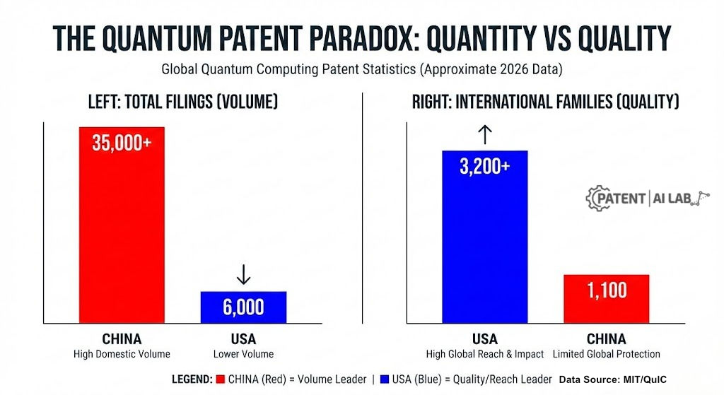 US vs China Quantum Computing Race 2026: Volume vs. Value 4 Chart contrasting total filing volume with the number of internationally protected patent families by country