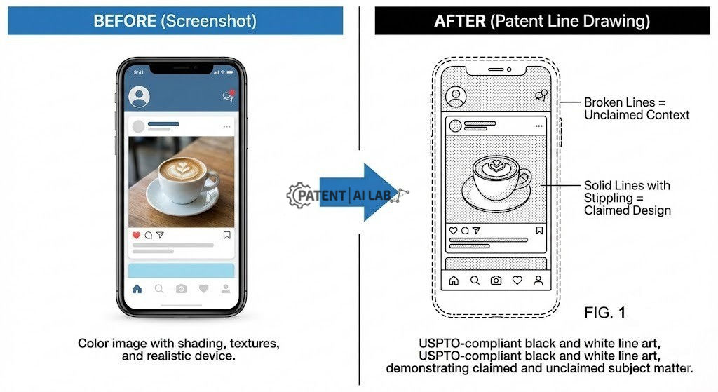 How to Patent a Mobile App UI: 2026 Cost, Drawing Rules & Strategy 5 Before and after comparison of mobile app screenshot to USPTO design patent line drawing